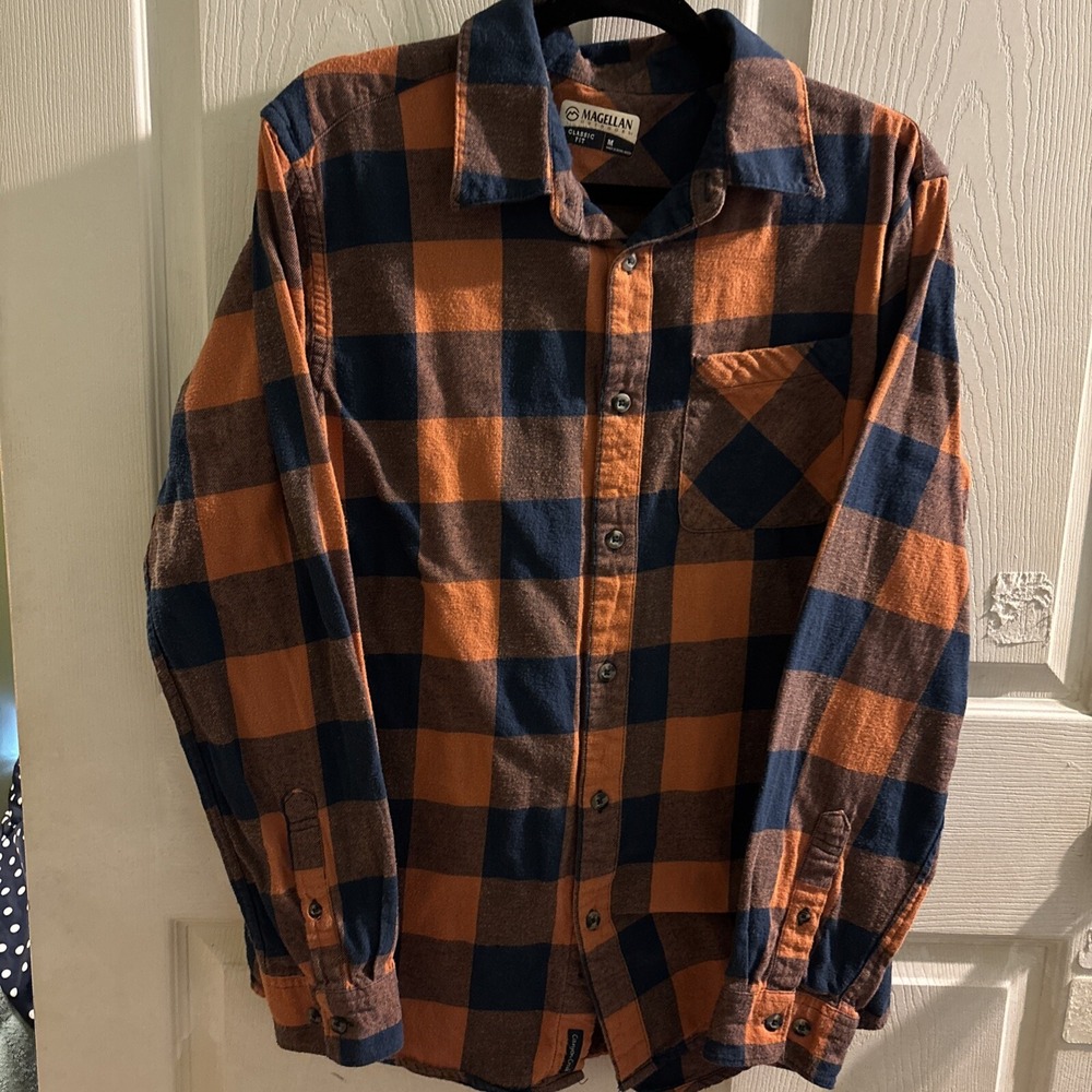 Magellan Outdoors Long Sleeves Shirt Orange Blue Plaid M Hunt Gear Lightweight